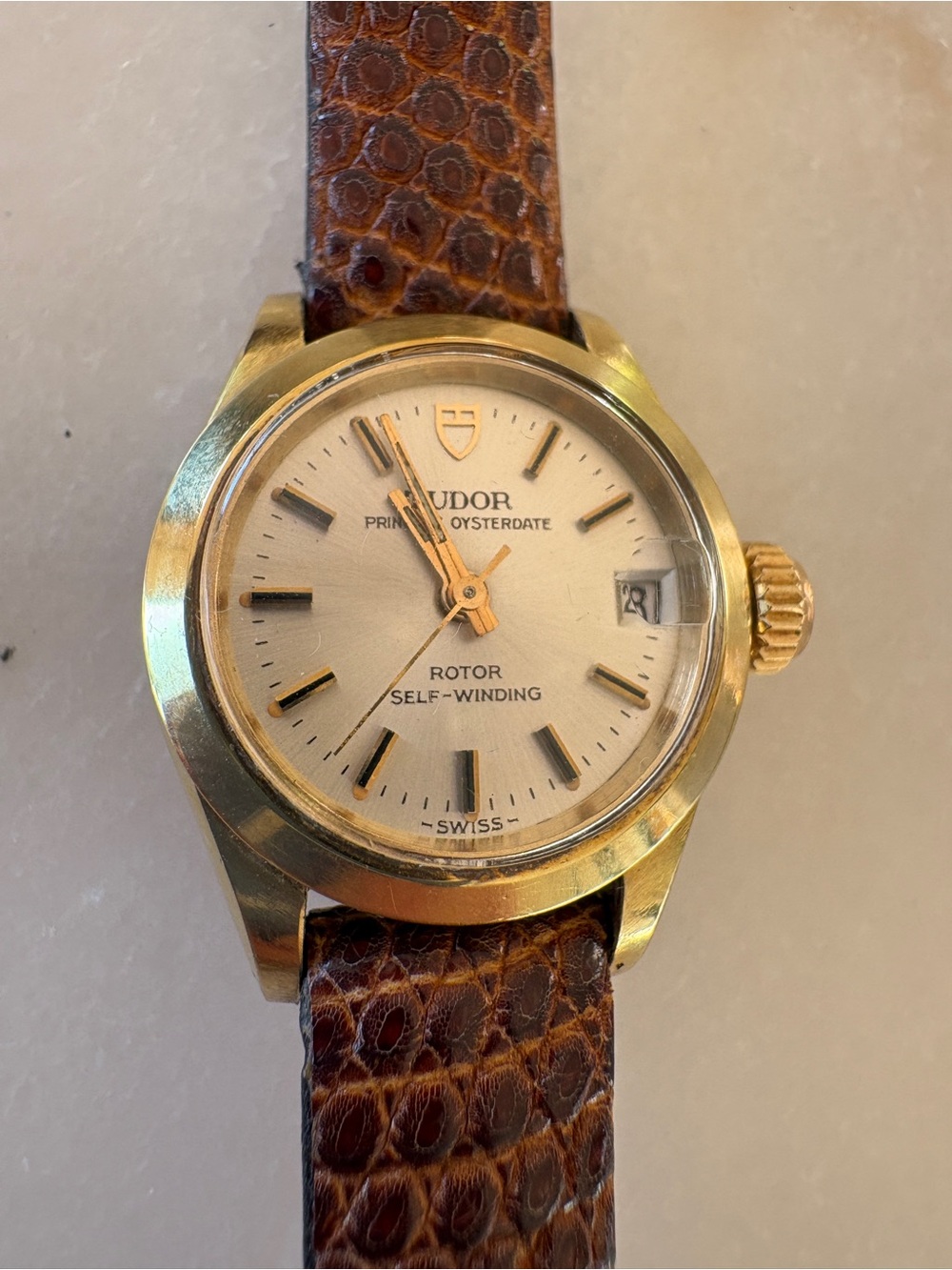 Tudor Gold and Brown Vintage-Style Self-Winding Wristwatch